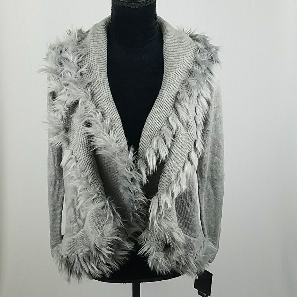 Alfani women PS gray faux fur trim cardigan sweater old money preppy cosy‎
